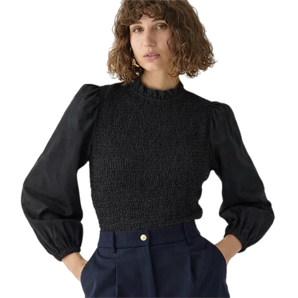 J. Crew NWT Long Puff Sleeves Smocked Ruffle Neck Black Top Size S